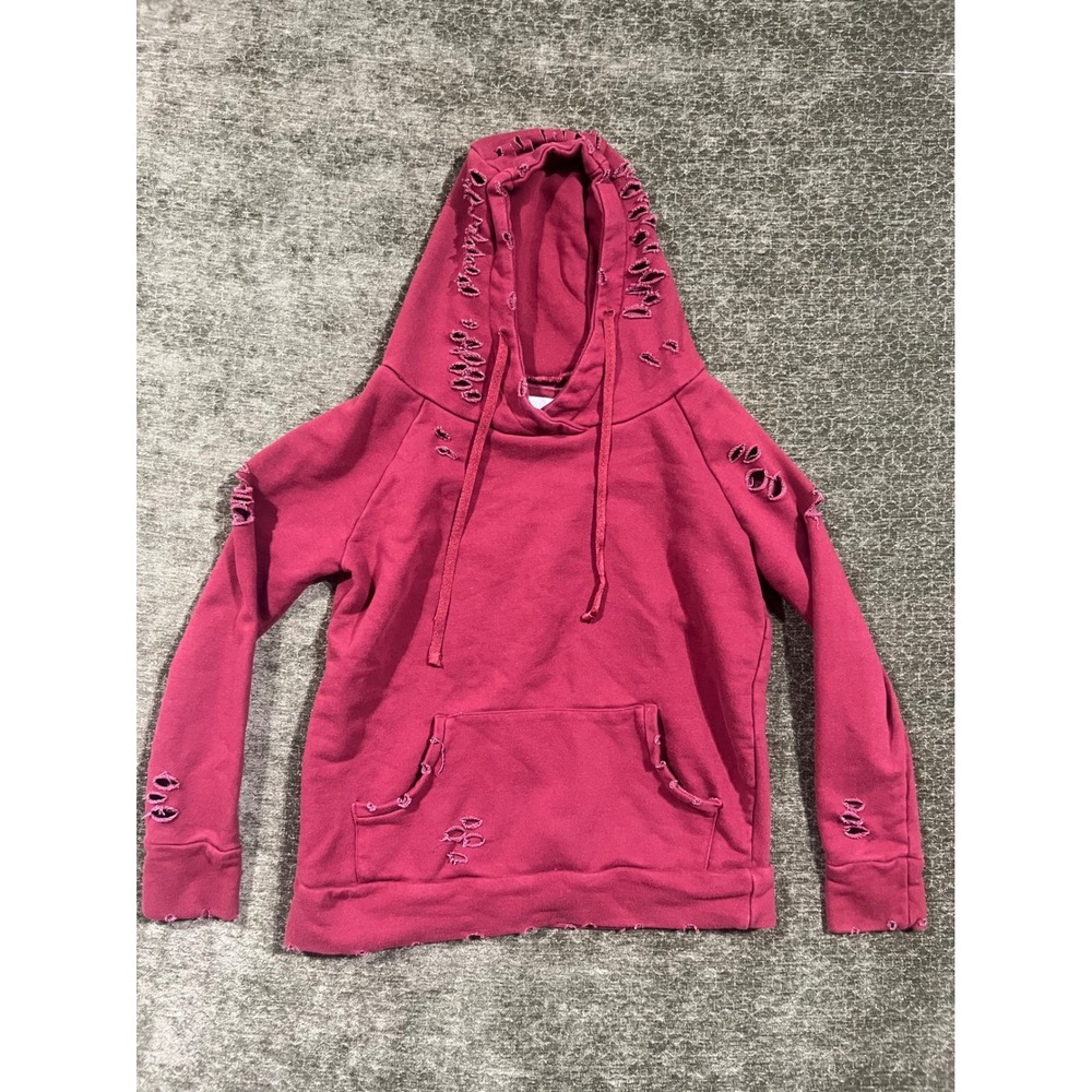 Chelsea DeBoer Lily & Lottie Hoodie Womens XS Burgundy Distressed Ripped Sweater